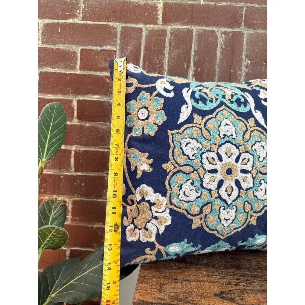 Blue floral embroidered, throw pillow